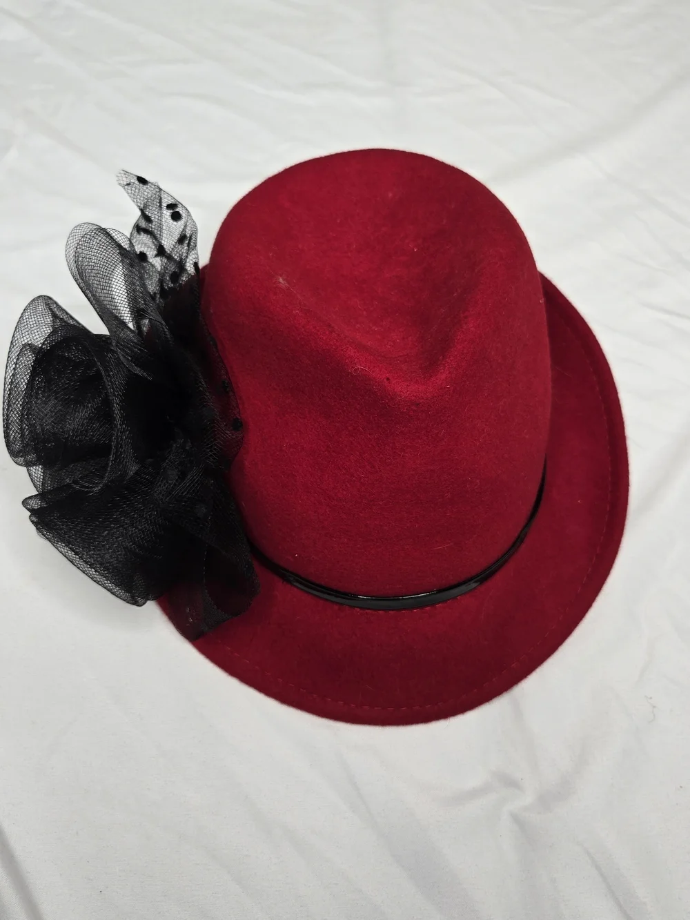 Scala Collezione Red 100% Wool Felt Hat Black Mesh Flower Fascinator One Size